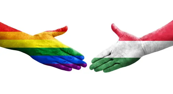 匈牙利和男女同性恋 双性恋和变性者的握手旗帜手绘 孤立透明的图像 — 图库照片