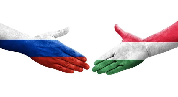 Aperto Mão Entre Hungria Rússia Bandeiras Pintadas Mãos Imagem Transparente — Fotografia de Stock