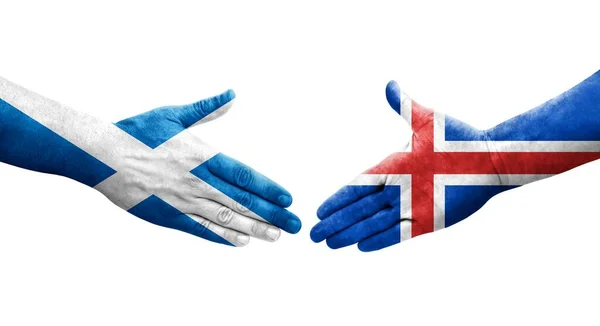Apretón Manos Entre Islandia Escocia Banderas Pintadas Las Manos Imagen — Foto de Stock