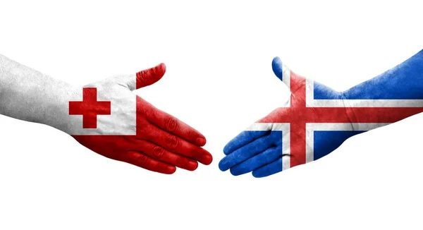 冰岛克朗和汤加国旗之间的握手手绘 孤立透明的图像 — 图库照片