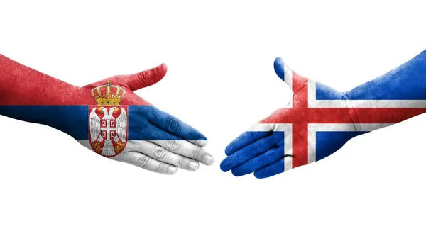 Рукостискання Між Ісландією Сербією Прапори Намальовані Руках Ізольоване Прозоре Зображення — стокове фото