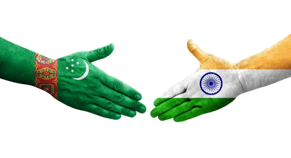Uścisk Dłoni Między Indiami Flagami Turkmenistanu Namalowanymi Rękach Odizolowany Przezroczysty — Zdjęcie stockowe
