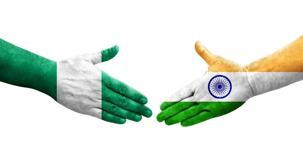 印度和尼日利亚之间握手 手绘国旗 孤立透明的图像 — 图库照片
