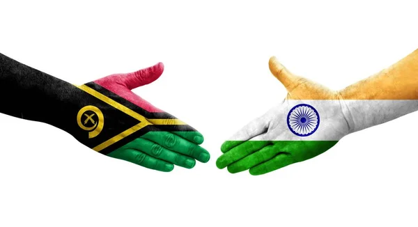 Apretón Manos Entre India Banderas Vanuatu Pintadas Las Manos Imagen — Foto de Stock