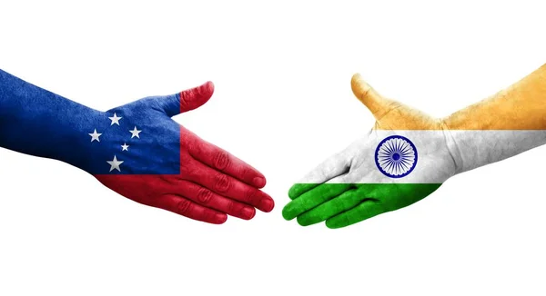 Aperto Mão Entre Índia Bandeiras Samoa Pintadas Mãos Imagem Transparente — Fotografia de Stock