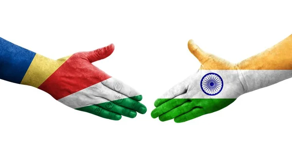 印度和塞舌尔之间的握手 手绘国旗 孤立透明的图像 — 图库照片