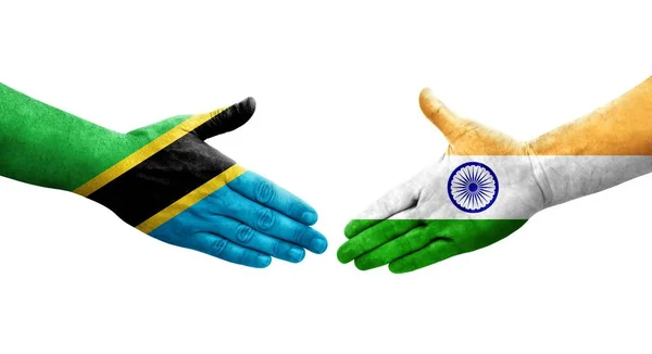 Aperto Mão Entre Índia Tanzânia Bandeiras Pintadas Mãos Imagem Transparente — Fotografia de Stock