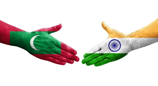 Handshake India Maldives Flags Painted Hands Isolated Transparent Image — Stock Photo, Image