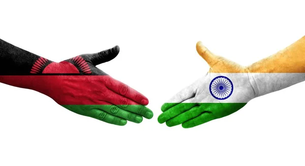 Kézfogás India Malawi Zászlók Festett Kézen Elszigetelt Átlátszó Kép — Stock Fotó