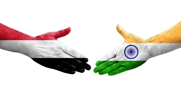 印度和也门之间握手 手绘国旗 孤立透明的图像 — 图库照片