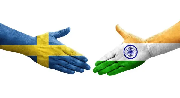 Handshake India Sweden Flags Painted Hands Isolated Transparent Image — Stock Photo, Image