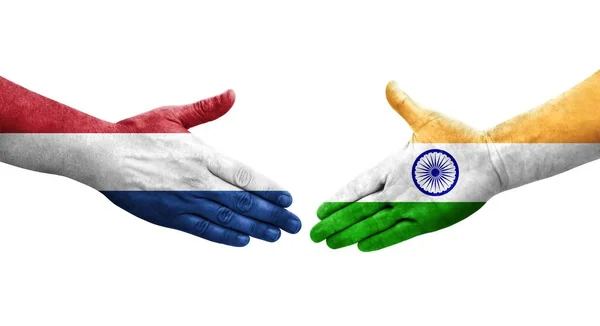 Aperto Mão Entre Índia Países Baixos Bandeiras Pintadas Mãos Imagem — Fotografia de Stock