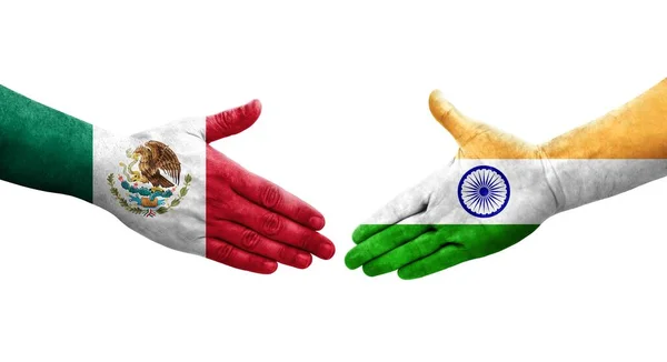 Stretta Mano Tra India Messico Bandiere Dipinte Mani Isolata Immagine — Foto Stock