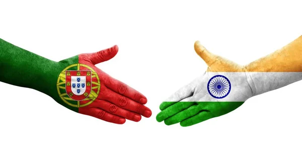 Apretón Manos Entre India Portugal Banderas Pintadas Las Manos Imagen —  Fotos de Stock