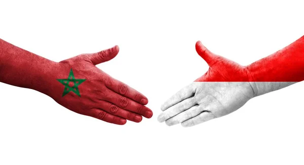 Χειραψία Μεταξύ Ινδονησίας Και Μαρόκου Σημαίες Ζωγραφισμένα Στα Χέρια Απομονωμένη — Φωτογραφία Αρχείου