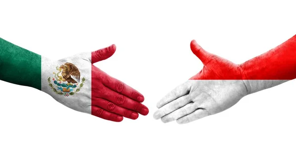 Poignée Main Entre Indonésie Mexique Drapeaux Peints Sur Les Mains — Photo