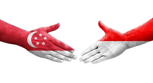 Handshake Indonesia Singapore Flags Painted Hands Isolated Transparent Image — Stock Photo, Image