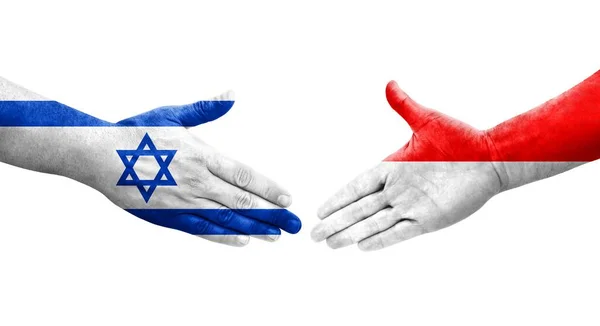 Uścisk Dłoni Między Indonezją Izraelem Flagi Malowane Rękach Odizolowany Przezroczysty — Zdjęcie stockowe