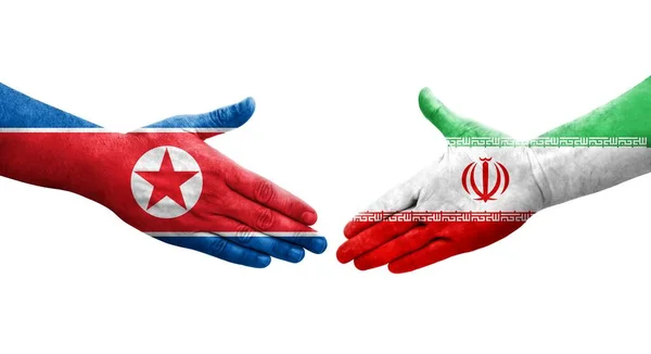 Aperto Mão Entre Irão Coreia Norte Bandeiras Pintadas Mãos Imagem — Fotografia de Stock