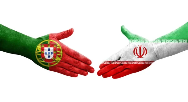 Mano Apretada Entre Las Banderas Irán Portugal Pintadas Las Manos —  Fotos de Stock