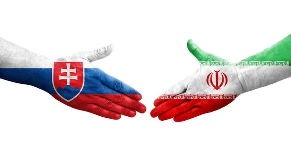 Aperto Mão Entre Irão Eslováquia Bandeiras Pintadas Mãos Imagem Transparente — Fotografia de Stock