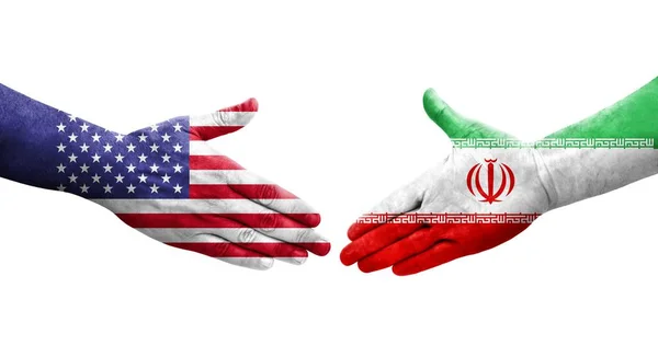 Рукостискання Між Іранськими Американськими Прапорами Намальоване Руках Ізольоване Прозоре Зображення — стокове фото
