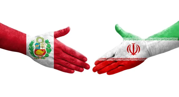 Рукопожатие Между Ираном Перу Нарисованными Руках Флагами Изолированное Прозрачное Изображение — стоковое фото