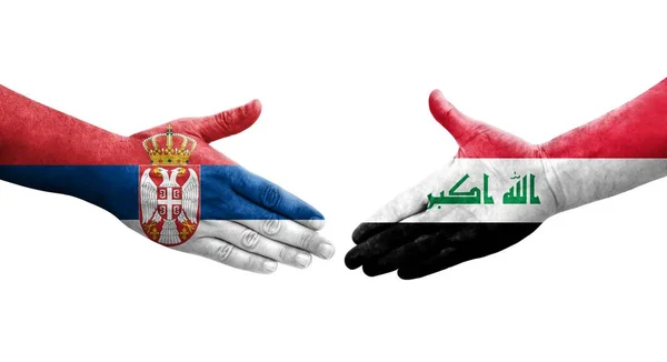 Рукостискання Між Іраком Сербією Прапори Намальовані Руках Ізольоване Прозоре Зображення — стокове фото
