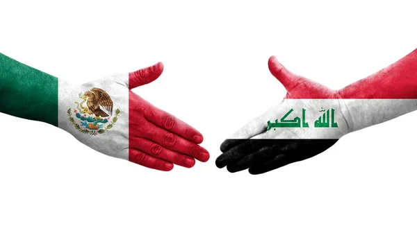 Uścisk Dłoni Między Irakiem Meksykiem Flagi Malowane Rękach Odizolowany Przezroczysty — Zdjęcie stockowe