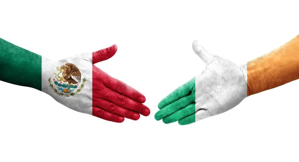 Poignée Main Entre Irlande Mexique Drapeaux Peints Sur Les Mains — Photo