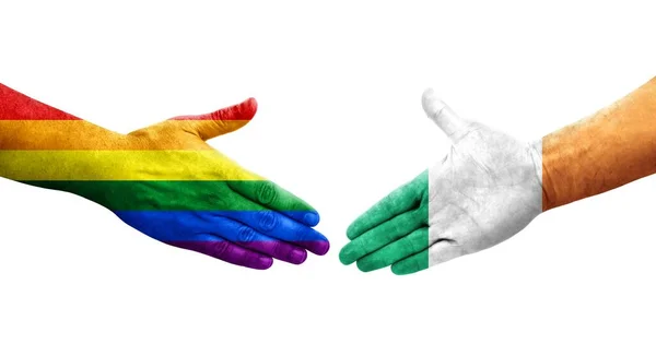 Aperto Mão Entre Irlanda Bandeiras Lgbt Pintadas Mãos Imagem Transparente — Fotografia de Stock