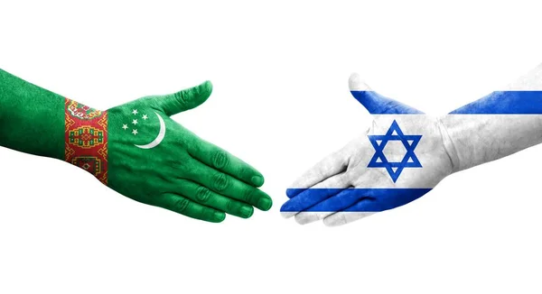 Apretón Manos Entre Israel Turkmenistán Banderas Pintadas Las Manos Imagen — Foto de Stock