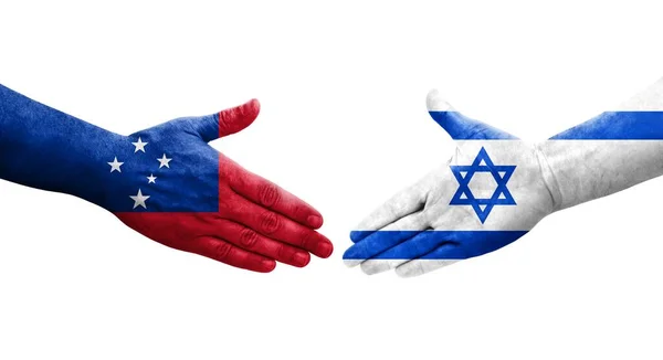 Uścisk Dłoni Pomiędzy Flagami Izraela Samoa Namalowanymi Dłoniach Odizolowany Przezroczysty — Zdjęcie stockowe
