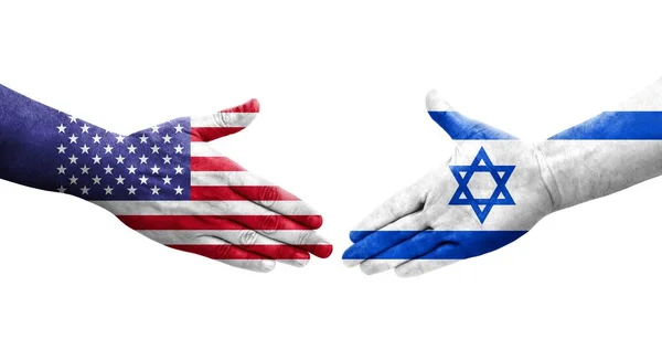 Χειραψία Μεταξύ Ισραήλ Και Ηπα Σημαίες Ζωγραφισμένα Στα Χέρια Απομονωμένη — Φωτογραφία Αρχείου