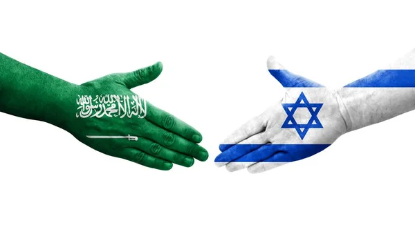 İsrail ve Suudi Arabistan bayrakları arasında el sıkışma, izole şeffaf görüntü.