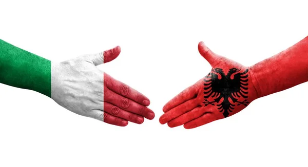 Handshake Italy Albania Flags Painted Hands Isolated Transparent Image — Stock Photo, Image