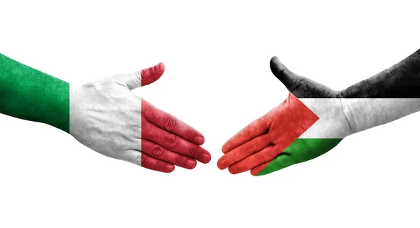 Handdruk Tussen Italië Palestina Handen Geschilderd Geïsoleerd Transparant Beeld — Stockfoto