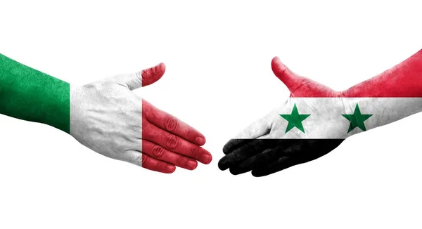 Potřesení Rukou Mezi Italskými Syrskými Vlajkami Namalovanými Rukou Izolovaný Průhledný — Stock fotografie