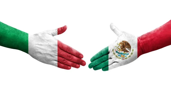 Poignée Main Entre Italie Mexique Drapeaux Peints Sur Les Mains — Photo