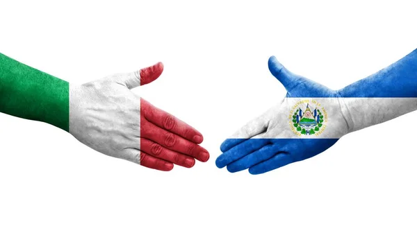 Рукостискання Між Італією Сальвадором Прапори Намальовані Руках Ізольоване Прозоре Зображення — стокове фото
