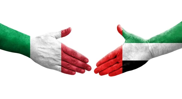 İtalya ile BAE bayrakları arasındaki el sıkışma, izole edilmiş şeffaf görüntü.