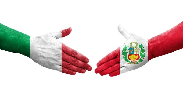 Handslag Mellan Italien Och Peru Flaggor Målade Händer Isolerad Transparent — Stockfoto
