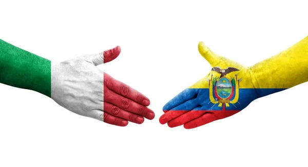 Χειραψία Μεταξύ Ιταλίας Και Εκουαδόρ Σημαίες Ζωγραφισμένα Στα Χέρια Απομονωμένη — Φωτογραφία Αρχείου
