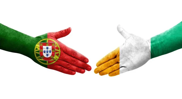 Apretón Manos Entre Costa Marfil Portugal Banderas Pintadas Las Manos — Foto de Stock