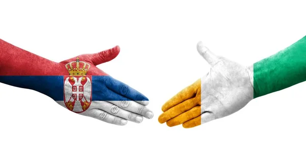 Kézfogás Elefántcsontpart Szerbia Között Kézre Festett Zászlók Elszigetelt Átlátszó Kép — Stock Fotó