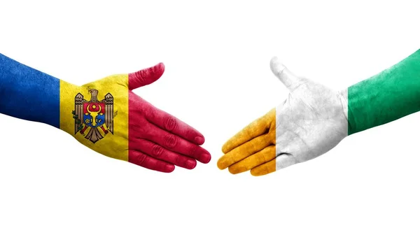 Handdruk Tussen Ivoorkust Moldavië Vlaggen Geschilderd Handen Geïsoleerd Transparant Beeld — Stockfoto