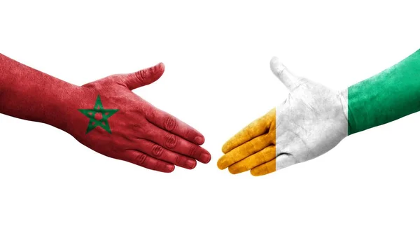 Apretón Manos Entre Costa Marfil Marruecos Banderas Pintadas Las Manos — Foto de Stock