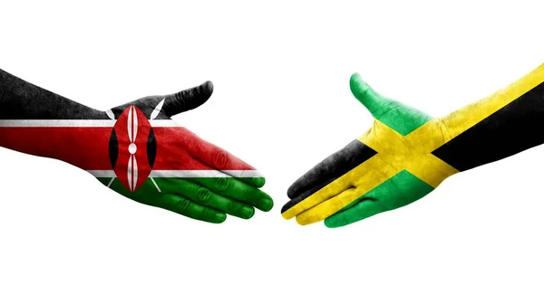 Jamaika Kenya Bayrakları Arasındaki Sıkışma Ellerinde Resmedilmiş Şeffaf Görüntü — Stok fotoğraf