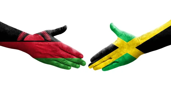 Рукопожатие Между Флагом Ямайки Малави Нарисованное Руках Изолированное Прозрачное Изображение — стоковое фото