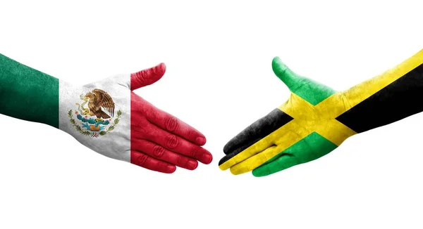 Händedruck Zwischen Jamaikanischen Und Mexikanischen Flaggen Auf Hände Gemalt Isoliertes — Stockfoto